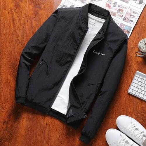 Spring Autumn Mens Jackets and Coats Fashion Casual Stand Collar High Quaitily Letter Printed Bomber Jackets Black