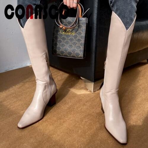 CONASCO Fashion Women Knee High Boots Autumn Winter Warm Cow Leather Nigjht Club Causal Prom Shoes Concise Elegant Shoes Woman