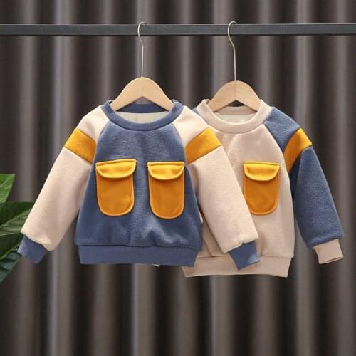 Fashion Warm Winter Boys Sweatshirt Velvet Pullover Children Kid Baby Long Sleeve Color Block Thicken Outwear Tops