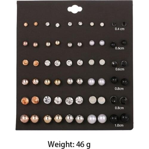 30 Pairs Mixed Round Ball Metal Pearl Crystal Stud Earrings Set Fashion Jewelry