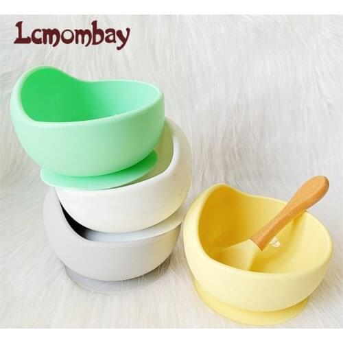 BPA Free Baby Silicone Feeding Set Wooden Spoon Suction Bowl Baby Plate Kids Toddler Assist Tableware