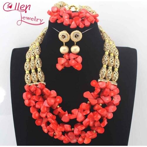 New Arrival! Chunky Orange Coral Bridal Jewelry Sets Gold Crystal African Wedding Beads for Brides Free Shipping N0086
