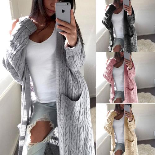 Autumn Winter Womens Sweater Long Knitwear Cardigan Sweater Open Front Pocket Coat Long Midi Coat Tops Fashion Womens Outwear