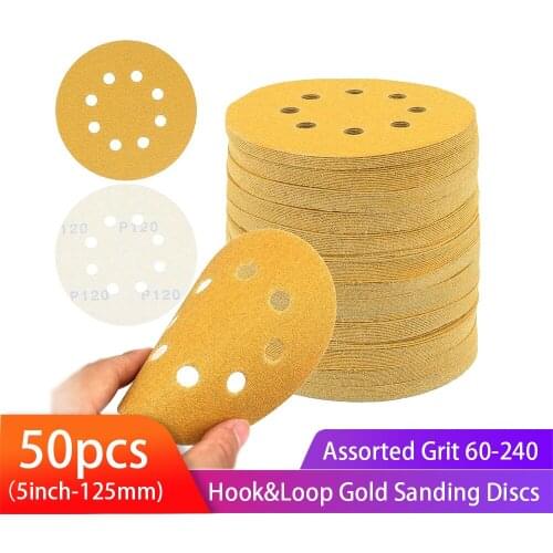 5inch Gold Sanding Disc 50PCS 8 Hole Hook and Loop Sandpaper 60-240 Assorted Grits for DA Sander Dry Sand Paper Dustless