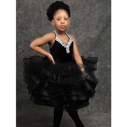 Sexy Spaghetti Black Girls Pageant Dresses With Crystals Tiers Little Kid Formal Wear Vintage Communion Pageant Dresses Gowns