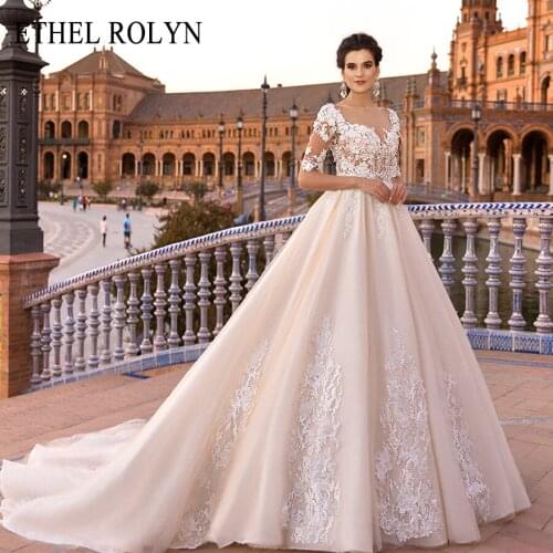 ETHEL ROLYN Champagne Sexy Backless Princess Wedding Dress Sweetheart Half Sleeve Beading Appliques Court Train Wedding Gowns