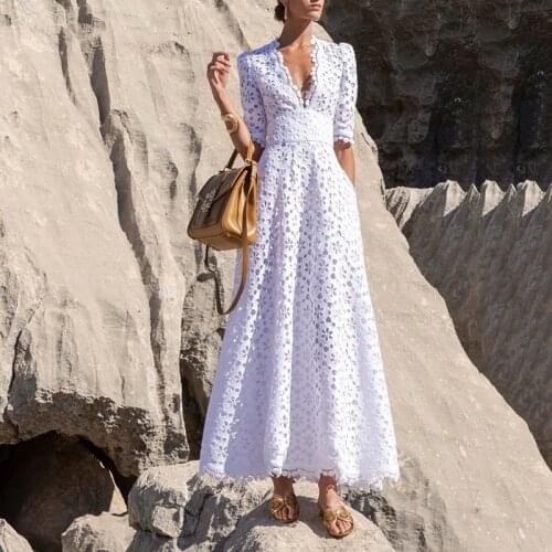 Short Sleeve Maxi Lace Dress 2021 Party V Neck Sexy Hollow Out A-Line Women Vestidos White Beach Long Dresses Fashion Femme