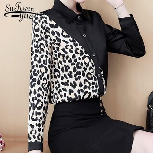 2021 Spring New Korean Fashion Long Sleeve Leopard Print Stitched Shirts Women Plus Size Splice Womens Tops and Blouses 8054 50