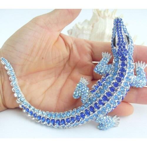 4 Inch Unique Cayman Alligator Crocodile Brooch Pin Pendant Blue Rhinestone Crystals EE05009C8