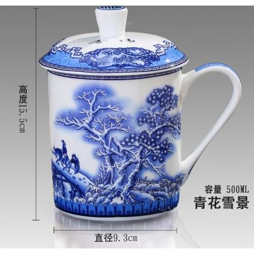 500ml Chinese Style Bone China Jingdezhen Blue and White Porcelain Tea Cup Office Drink Cup Travel Teaware