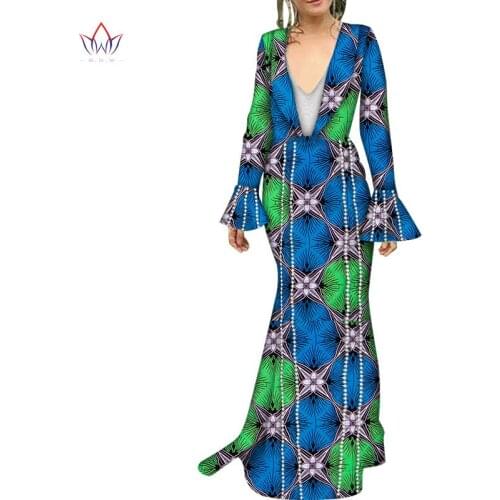 Bazin Riche African Sexy V Neck Long Sleeve Dresses Dashiki African Dresses for Women African Clothes Wedding Dresses WY6027