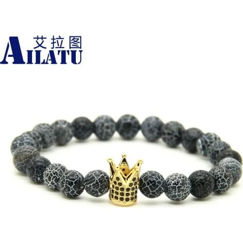 Ailatu 10pcs/lot High Grade Jewelry 8mm Shiny Weathering Onyx Stone Beads with Micro Inlay Black CZ Beads Crown Mens Bracelets