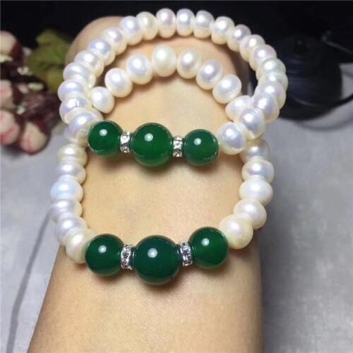 Natural Freshwater Pearl 8-9MM Collocation Green stone Beads Bracelet A 2PCS