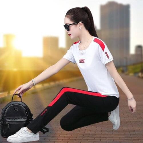 Two Piece Set Women Lounge Wear Sports Wear For Women Gym Summer T Shirts Sweatsuit Outfits Straight Pants Short Sleeve Letter