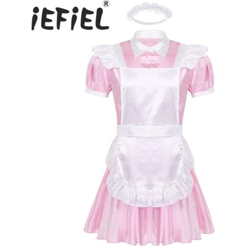 Mens Male Adults Sissy Maid Cosplay Costume Puff Sleeve Front Button Down Dress with Apron and Headband for Role Play Halloween