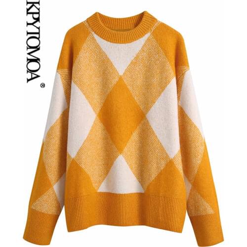 KPYTOMOA Women 2021 Fashion Argyle Jacquard Knitted Sweater Vintage Long Sleeve Loose Female Pullovers Chic Tops