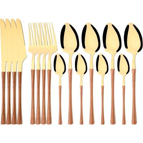 Imitation Wood Handle Cutlery Set Stainless Steel Tableware 4People Knife Fork Tea Spoon Dinnerware Flatware Kitchen Silverware