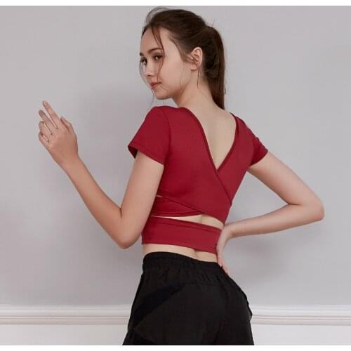 New Open Back Sports Running Short Sleeve Women V-neck Gym Yoga Shirts Fitness Workout Cropped Tops with Chest Padded Sportswear