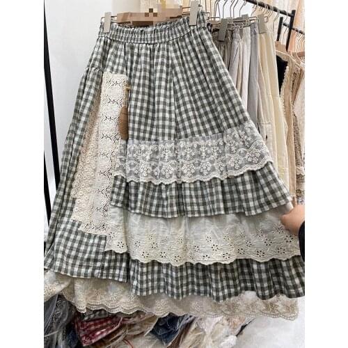 New Mori womens elastic waist plaid skirt lace stitching asymmetric Ruffle cake skirt female 6863