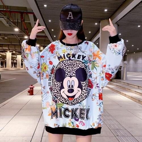 Disney Synthetic Mickey Mouse Autumn Thin Cartoon Loose Hoodies Sweatshirt Women Printed Casual Hooded Pullover Female Coat