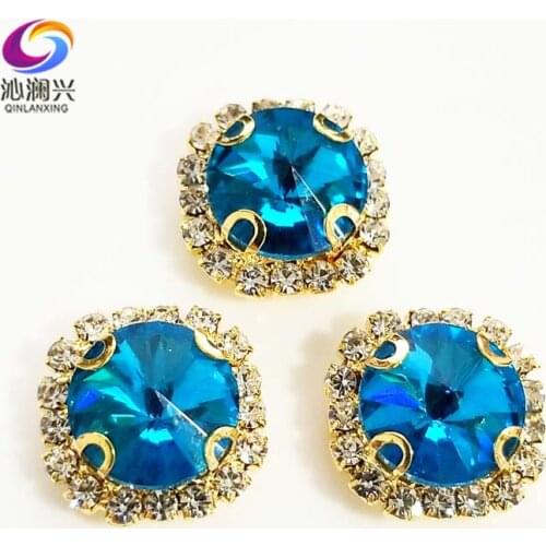 Lake blue Round shape top glass crystal rhinestones with hole,golden bottom sew on stone for Diy Clothing accessories