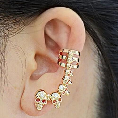 Punk Skeleton Ear Clips Non Perforated Female Gothic Style Creative Golden Silvery Alloy Rhinestone Inlaid Jewelry Accessories