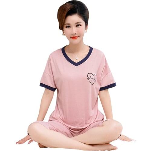 V-Neck Pajamas Short Sleeve Full Cotton Sleepwear Women Pink Pajamas Set Summer Large Size 4XL Casual Homewear Female Pyjamas