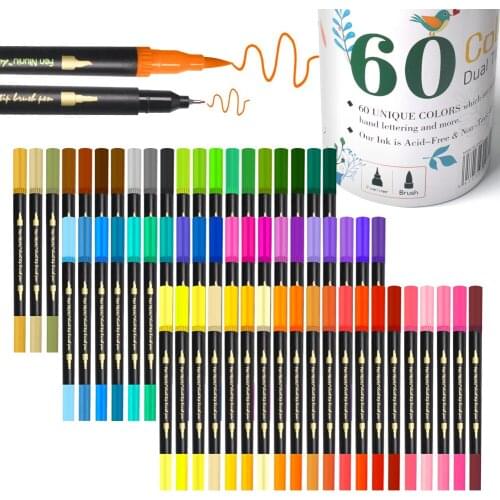 60 Colors Dual Tip Brush Pens Fineliners Art Markers Set Nibs Fine and Brush Tip for Kids Adult Coloring Book Note Taking Gifts