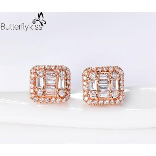 BK 18k Genuine Gold 585 Moissanite Stud Earrings 1.94g Square White Rose Yellow Gold Simple Engagement Fine Jewelry For Women