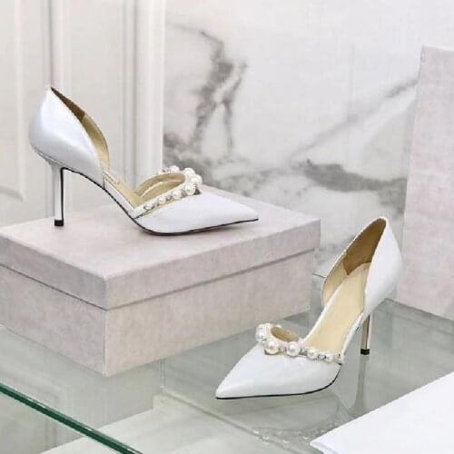 Pearl Decor High Heels Women Sexy Pointed Toe Genuine Leather Shoes Luxury Brand Party Shoes for Wedding Women Patent High Pumps