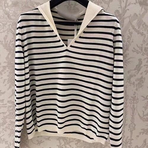 2021 autumn new French lapel sea soul shirt sweater navy collar versatile knitted V-neck long-sleeved striped T-shirt