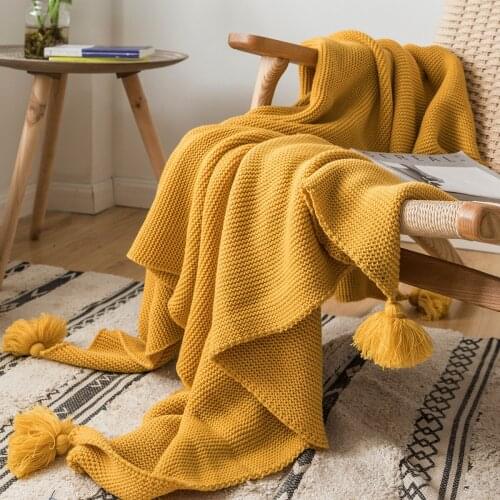 Yellow Blanket Sofa Knit Throw Blanket Solid Soft PomPom Tassels Blanket Travel 130x160cm Home Sofa Chair Decorate Bed 50"x62"