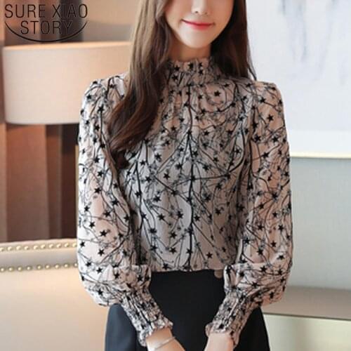 2021 spring Fashion Women Chiffon Blouses Casual Stand Collar Floral Women Clothing Long Sleeve Printed shirt Women Tops 6197 50
