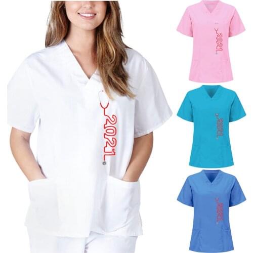 Women Short Sleeve V-neck Loose Working Uniform 2021 Printing Daily Shirt Comfortable Working Uniform T-Shirt Carer Top