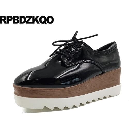 Metallic Cheap Wedge Square Toe Shallow Patent Leather Lace Up Women Elevator Black Creepers Platform Shoes White Thick Sole