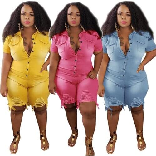 4XL 5XL Plus Size Clothing Jeans Jumpsuits Women Short Sleeve Bodysuit Ripped Denim Shorts Jumpsuits Big Size 3XL Dropshipping