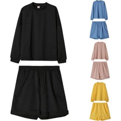 Women Fashion Casual Solid Color Suit Drawstring O Neck Long Sleeve Top Shorts Suit for Daily Home Sport Wear
