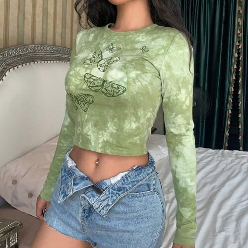 Butterfly Green Crop Top y2k Aesthetic T Shirt Short Sleeve O Neck Pullovers Women Harajuku Cute Tee Summer Retro 90s