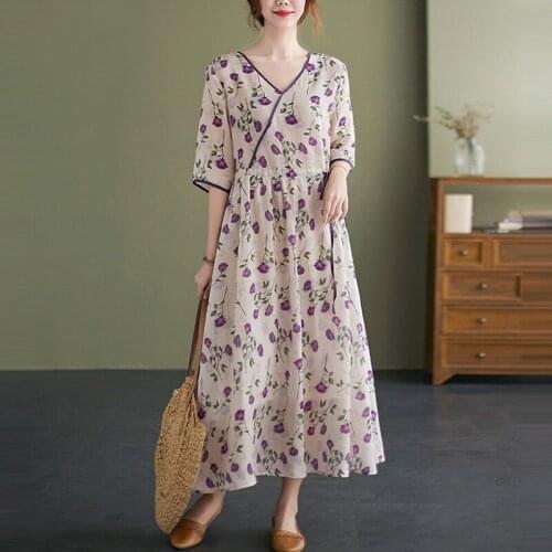Women Summer Loose Casual Dress New 2021 Vintage Style V-neck Floral Print Cotton Linen Ladies Elegant A-line Dresses B680