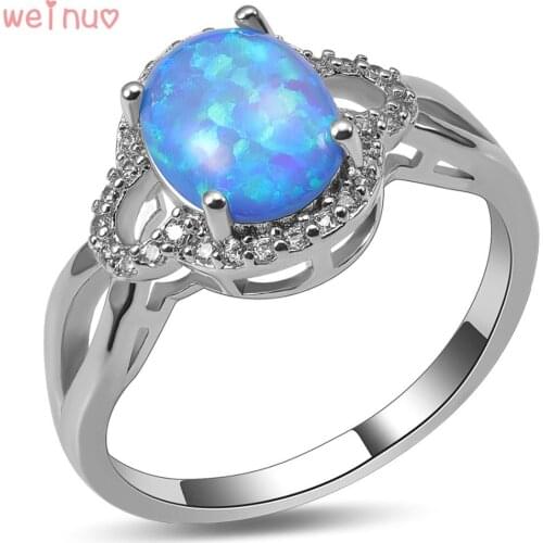 Weinuo Blue Fire Opal White Crystal Ring 925 Sterling Silver Top Quality Fancy Jewelry Wedding Ring Size 5 6 7 8 9 10 A455