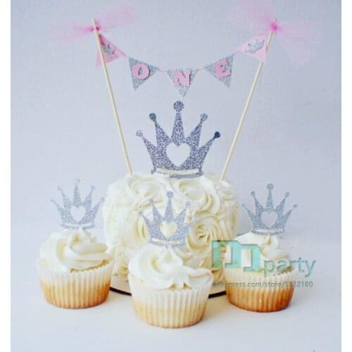 1set Princess Crown Cake Banner Topper 1st birthday Pink and Silver Cake Topper one Birthday bunting- Glitter Gold and Pink