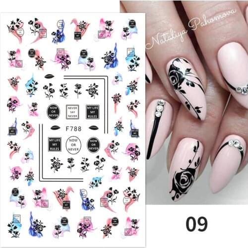 1PC Black Rose Flower Leaves 3D Nail Stickers Colorful Lines Waves Alphabet Sticker Slider Nail Art Decoration For Manicuring
