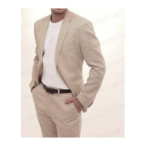 ANNIEBRITNEY Latest Coat Pant Designs Champagne Linen Suit Men Casual Slim Fit Wedding Suits For Bridegroom Custom Mens Suits