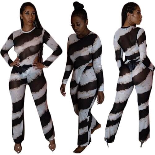 BKLD Pant Set For Women 2019 Two Piece Clubwear Mesh Outfit Autumn New Sexy Long Sleeve Bodysuit Pants Striped Women Two Piece