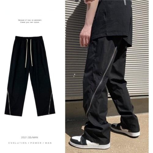 Dark Vibe Straight-Leg Pants Mens Streetwear Casual Pants Zipper Split Function Pendant Loose-Fitting Mens & Womens Trousers