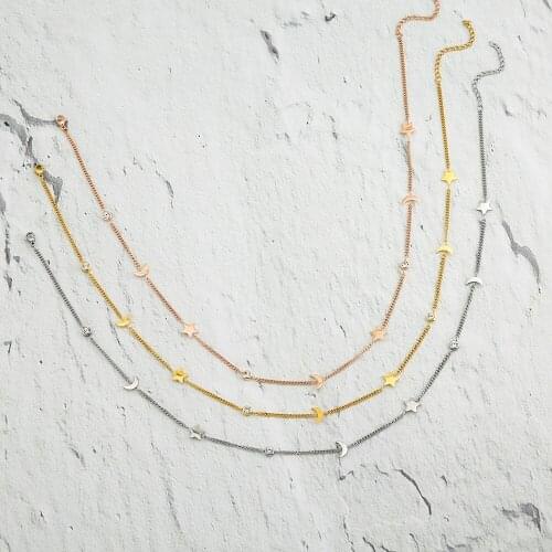 Wholesale Moon Star Crystal Choker Necklace Stainless Steel Link Chain as Mothers Day Gift 10pcs/lot