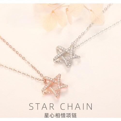 S925 pure silver pentagram necklace female micro diamond star pendant sautoir fresh fashion womens collarbone chain wholesale