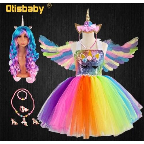 New Fantasy Angel Flowers Girls Rainbow Little Pony Unicorn Party Dress Kids Mesh Horse Clothes Children Voile Unicorn Wings Wig