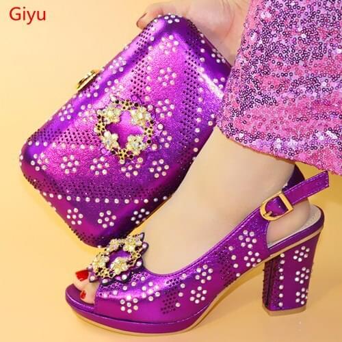 Doershow Women African Italian purple Shoes And Bag Sets For Party With Stones Italian Leather Handbags Match Bags!HHM1-8