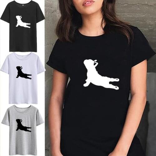 Cute Yoga Dog Graphic Tee Shirt Femme Summer Short Sleeve O-neck Cotton T-shirt Women Loose Black White Tshirt Women